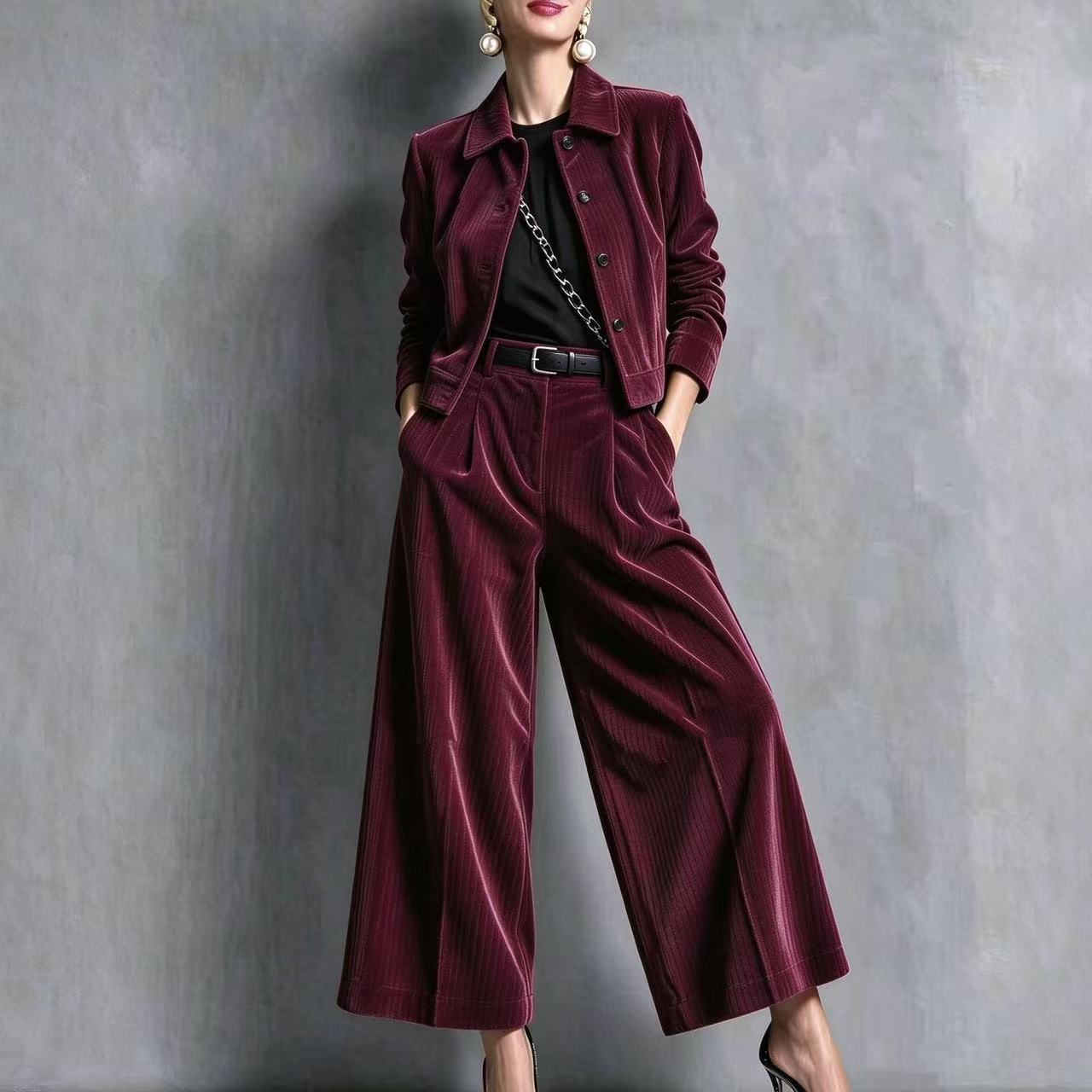 QUEENWAY | 2026 New Style Collared Slim-Fit Long-Sleeved Short Jacket + High-Waisted Wide-Leg Pants Set