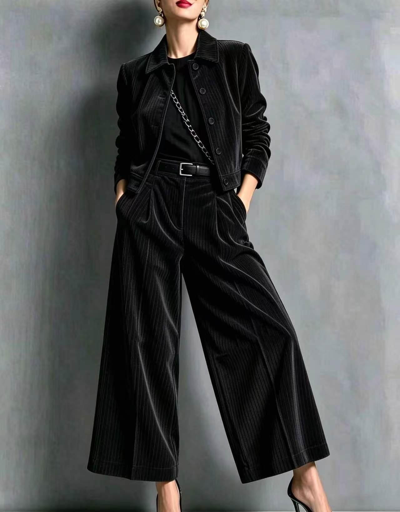 QUEENWAY | 2026 New Style Collared Slim-Fit Long-Sleeved Short Jacket + High-Waisted Wide-Leg Pants Set