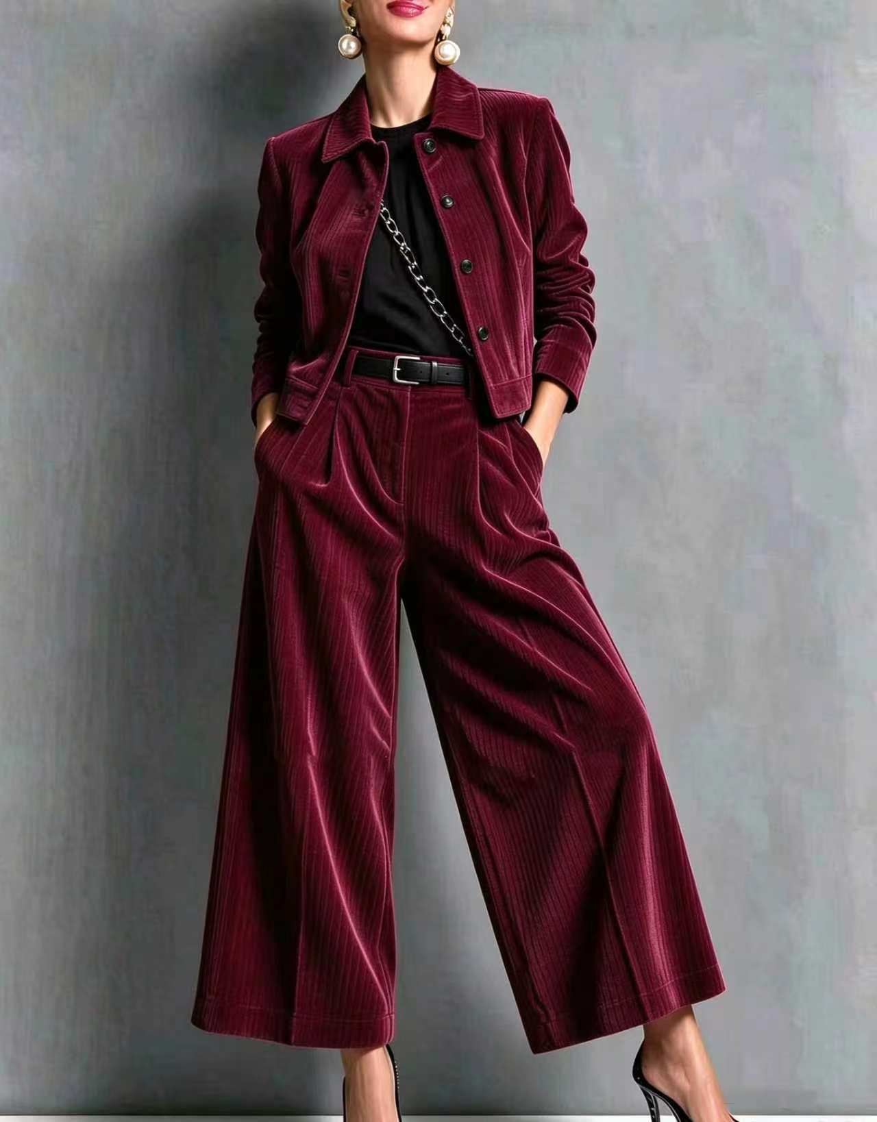 QUEENWAY | 2026 New Style Collared Slim-Fit Long-Sleeved Short Jacket + High-Waisted Wide-Leg Pants Set