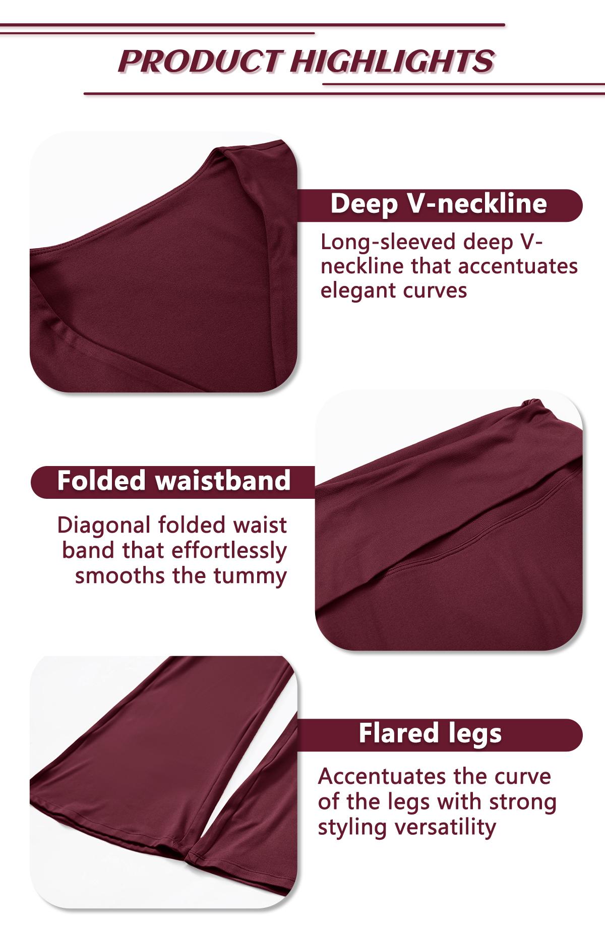 TIMEOFF Women's 2-Piece High Stretch Sporty Activewear Set - Long Sleeve Plunging V-Neck Top, Flipped Waist High-Waist Flared Leggings - Gymswear, Fitness Sport Outfits, Athleisure Wear Set for Yoga, Running, 2 Piece Sets, Workout Sets For Women