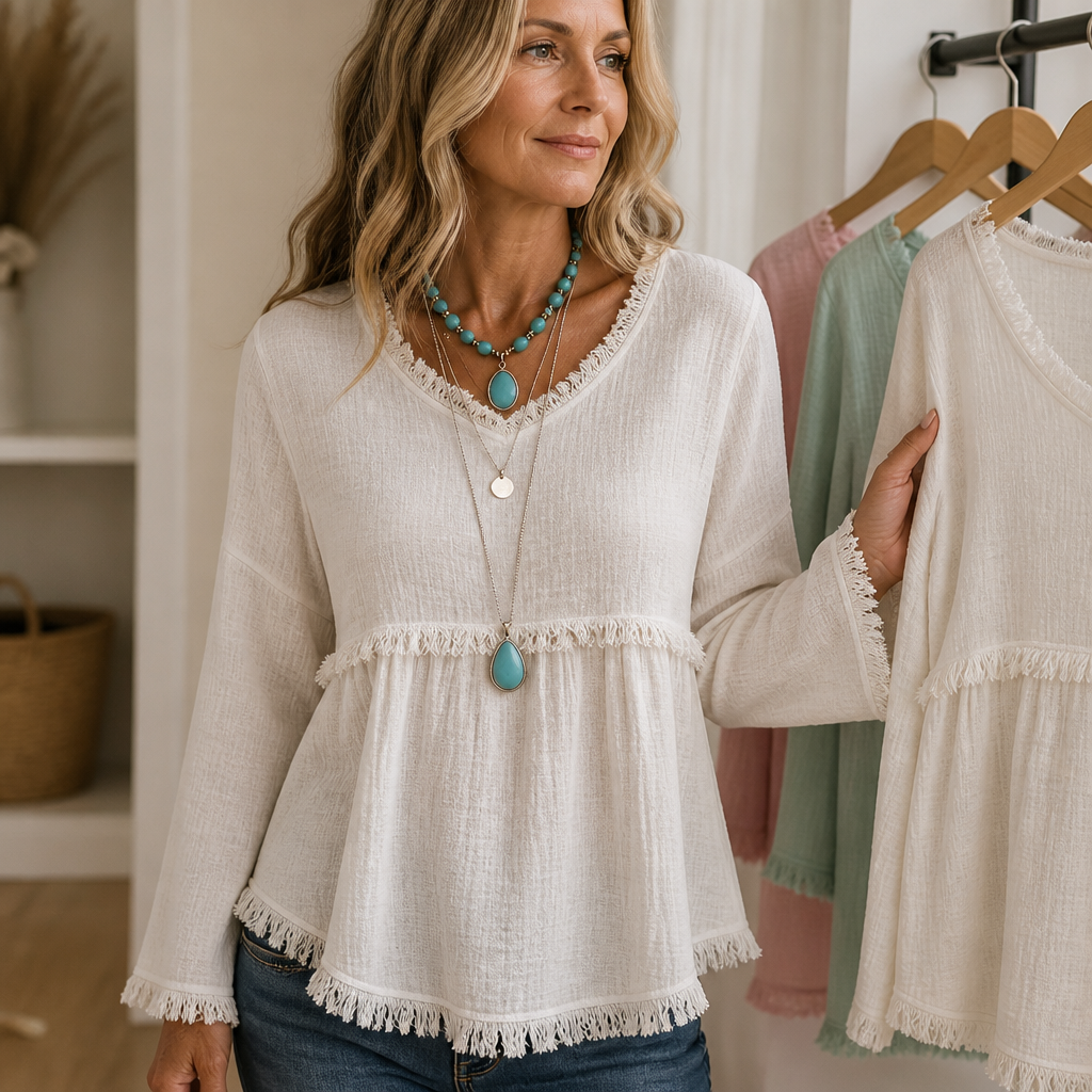 Fringe Trim V-Neck Long Sleeve Top