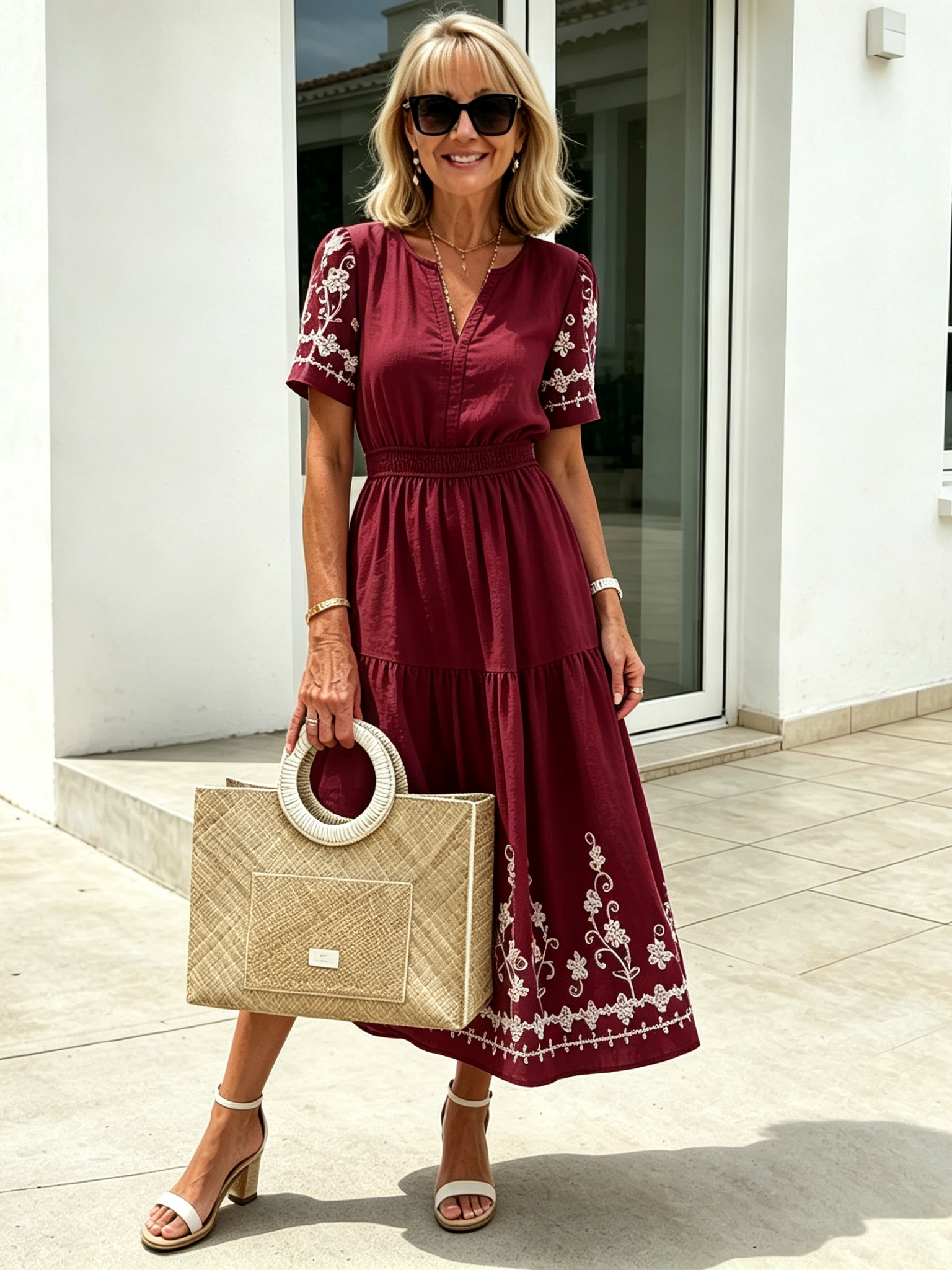 QUEENWAY | Simia Floral Short-sleeved Dress V-neck A-shaped Skirt
