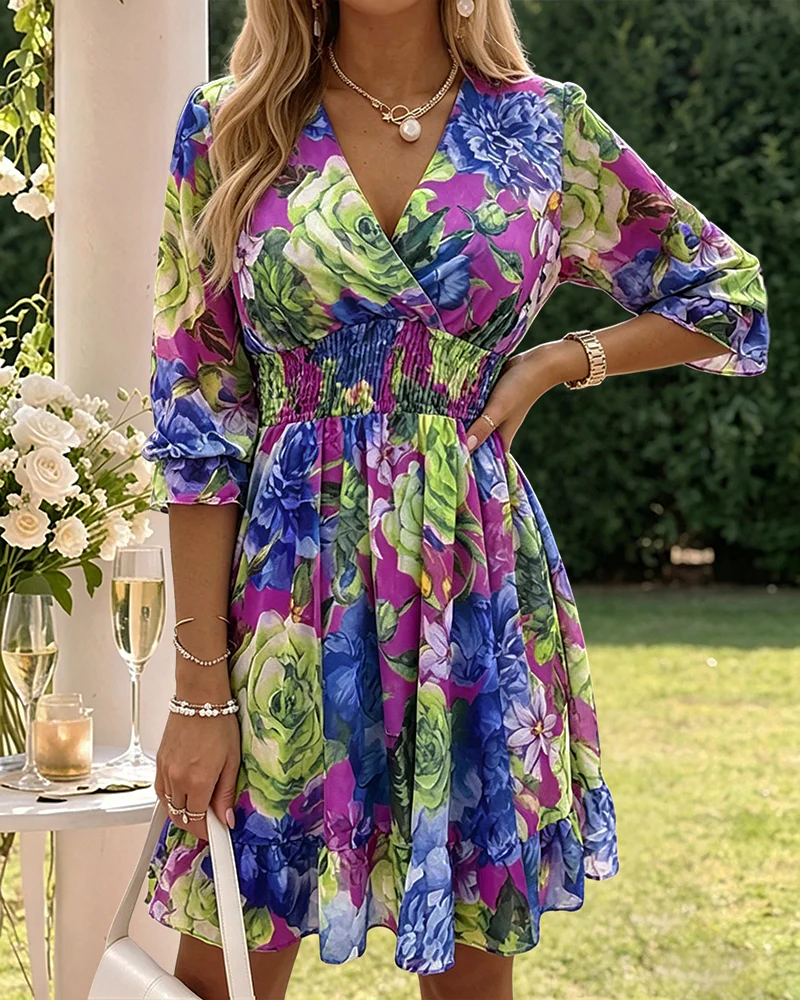 2026 Women's Oil Painting Floral Chiffon Dress V Neck Three Quarters Sleeve Shirred High Waist Ruffle Hem A Line Dress