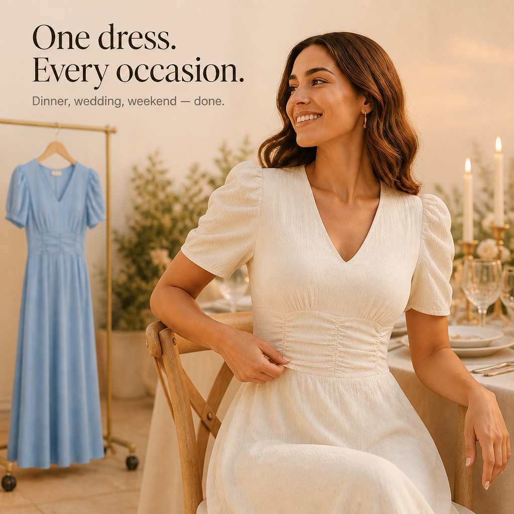 QUEENWAY | Ruched Waist Puff Sleeve V-Neck Midi Dress