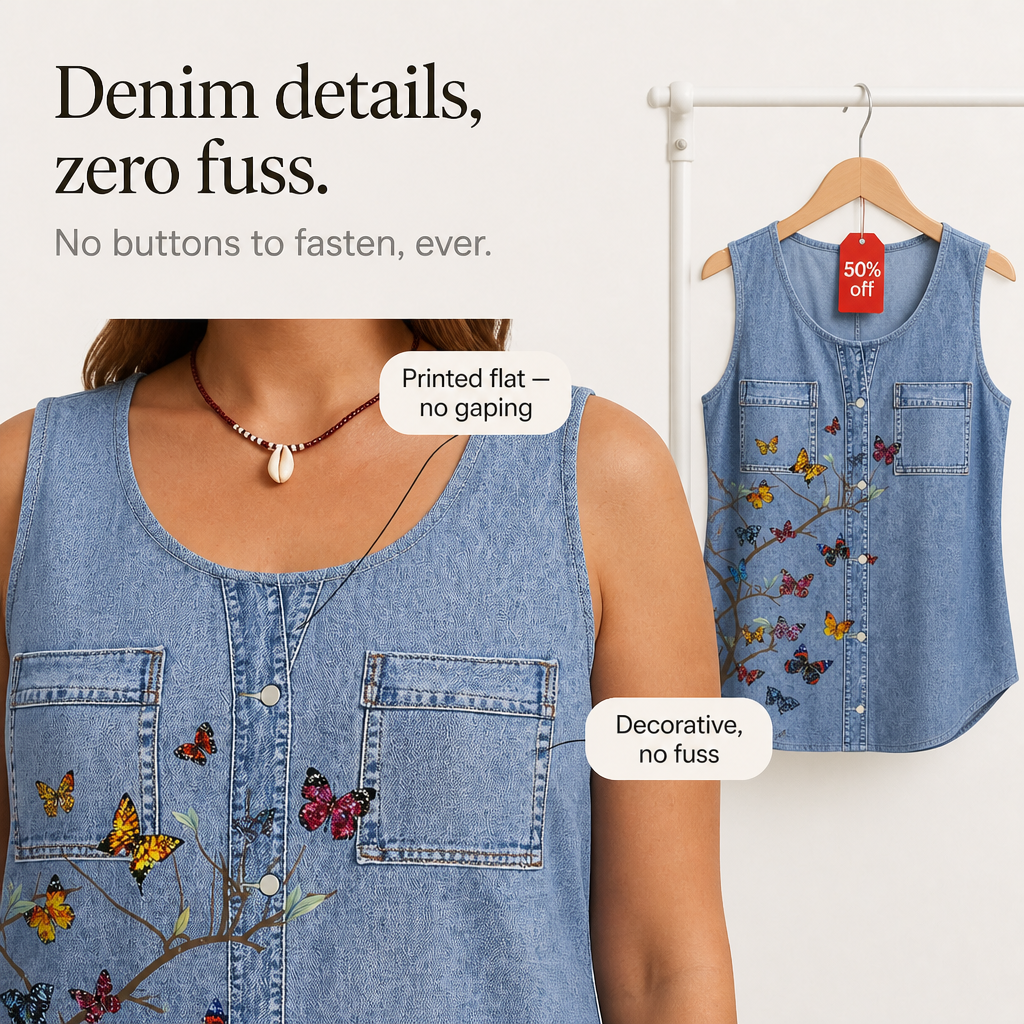 Botanical Embroidered Denim-Look Tank Top