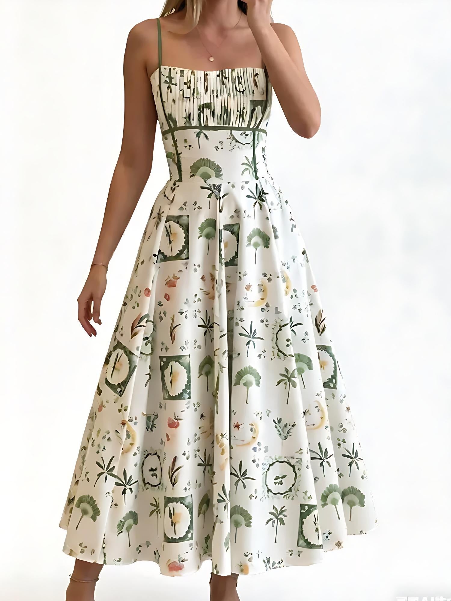 QUEENWAY | Green Botanical Print Smocked Midi Dress