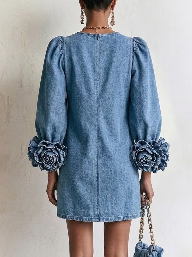 QUEENWAY | Stylish Denim Dress With 3d Floral Cuffs