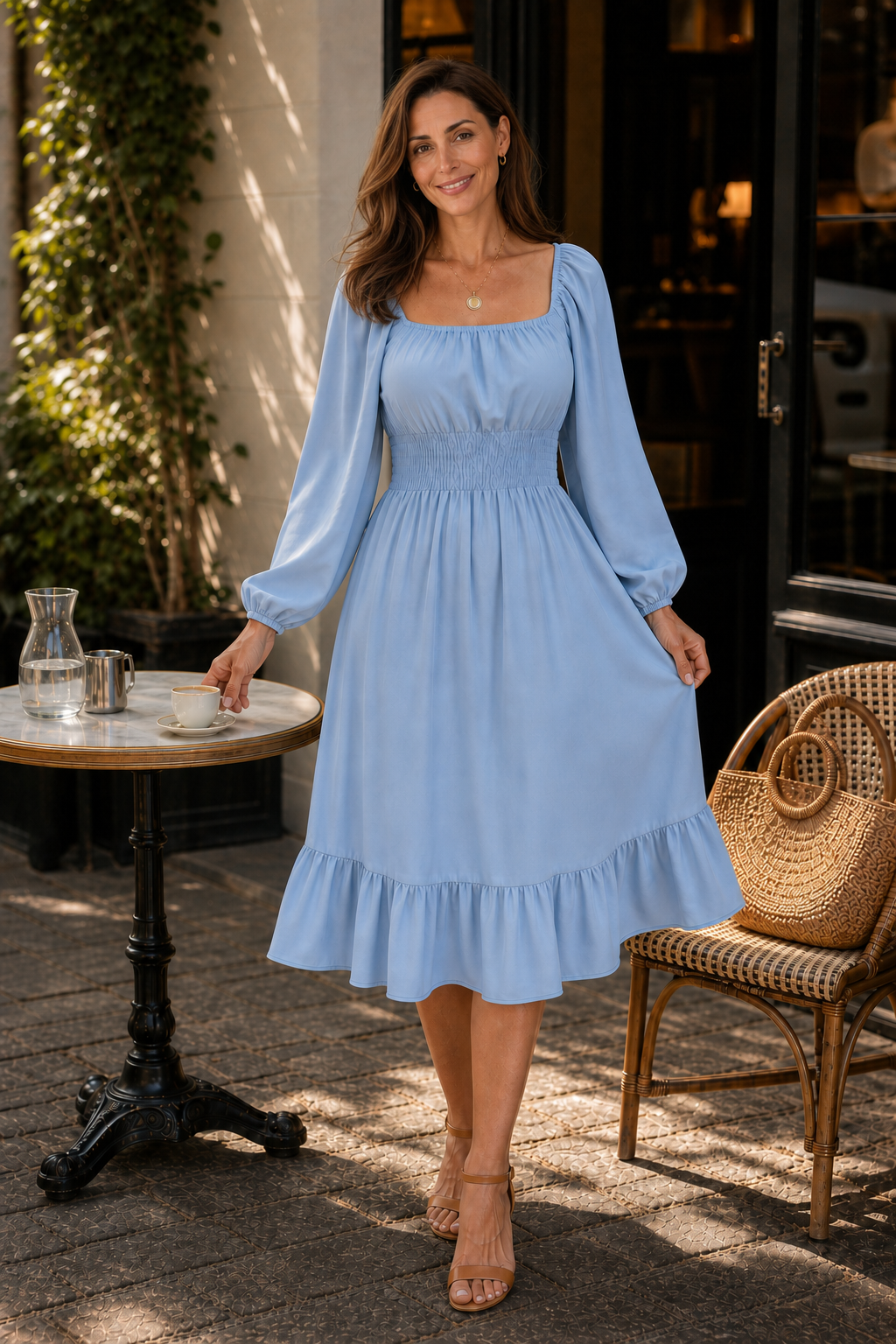 QUEENWAY | Smocked Square Neck Ruffled Midi Dress
