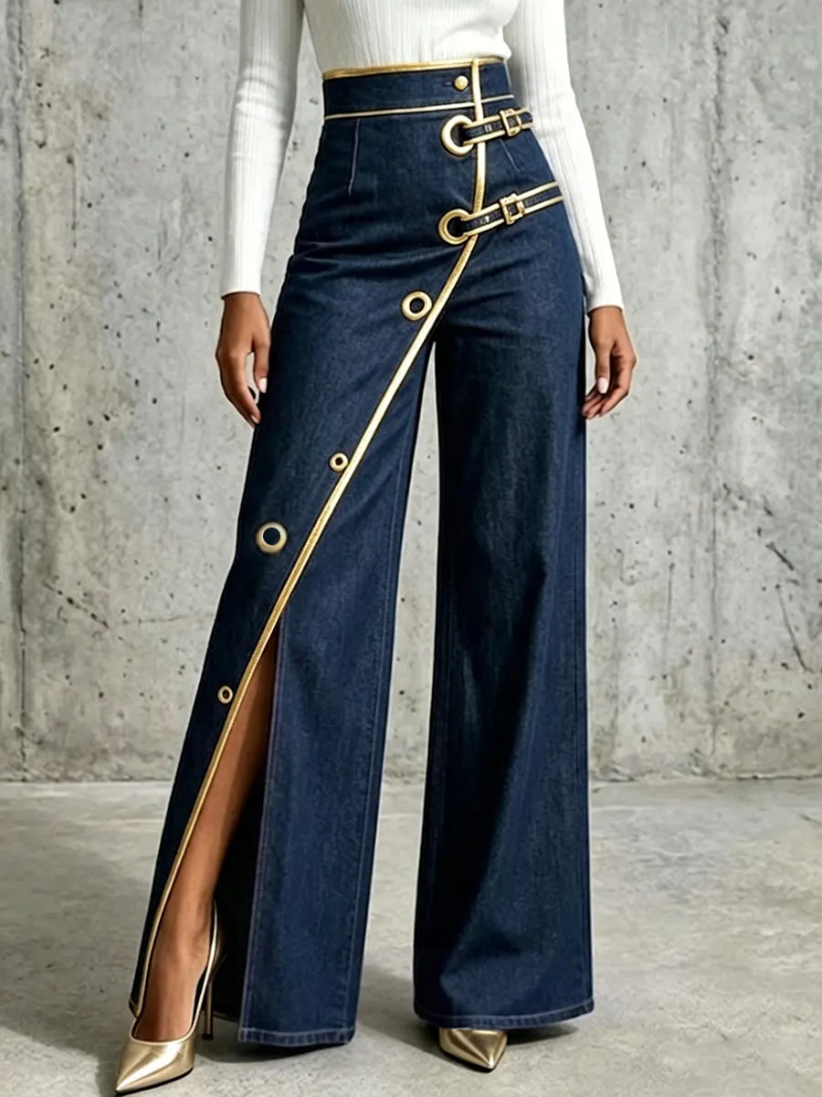 QUEENWAY | Exquisite And Elegant Jeans With Gold Piping