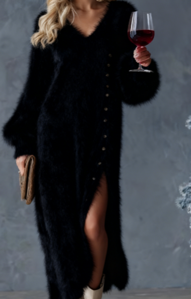QUEENWAY | 🦌 Festive Reindeer Side Slit Dress – Knit Comfort & Cute Holiday Print, Christmas Party Showstopper!