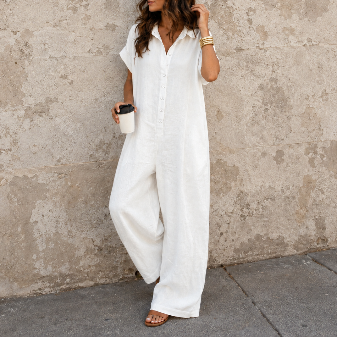 QUEENWAY | Wide-Leg Button-Front Shirt Collar Jumpsuit
