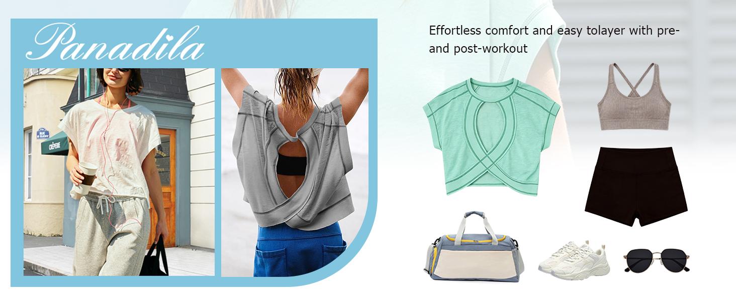 Woodberry Women's Fashion Apparel, Oversized Open Back Short Sleeve Shirt in Stretch Polyester for Casual Yoga,back to school,back to school shopping, Workout