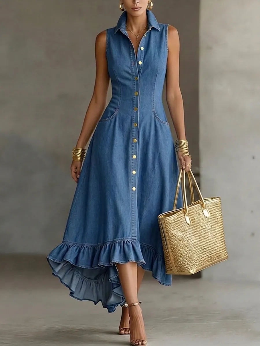 🔥 HOT SALE 49% Off 🔥 Elegant Lapel Button-front Denim Midi Dress