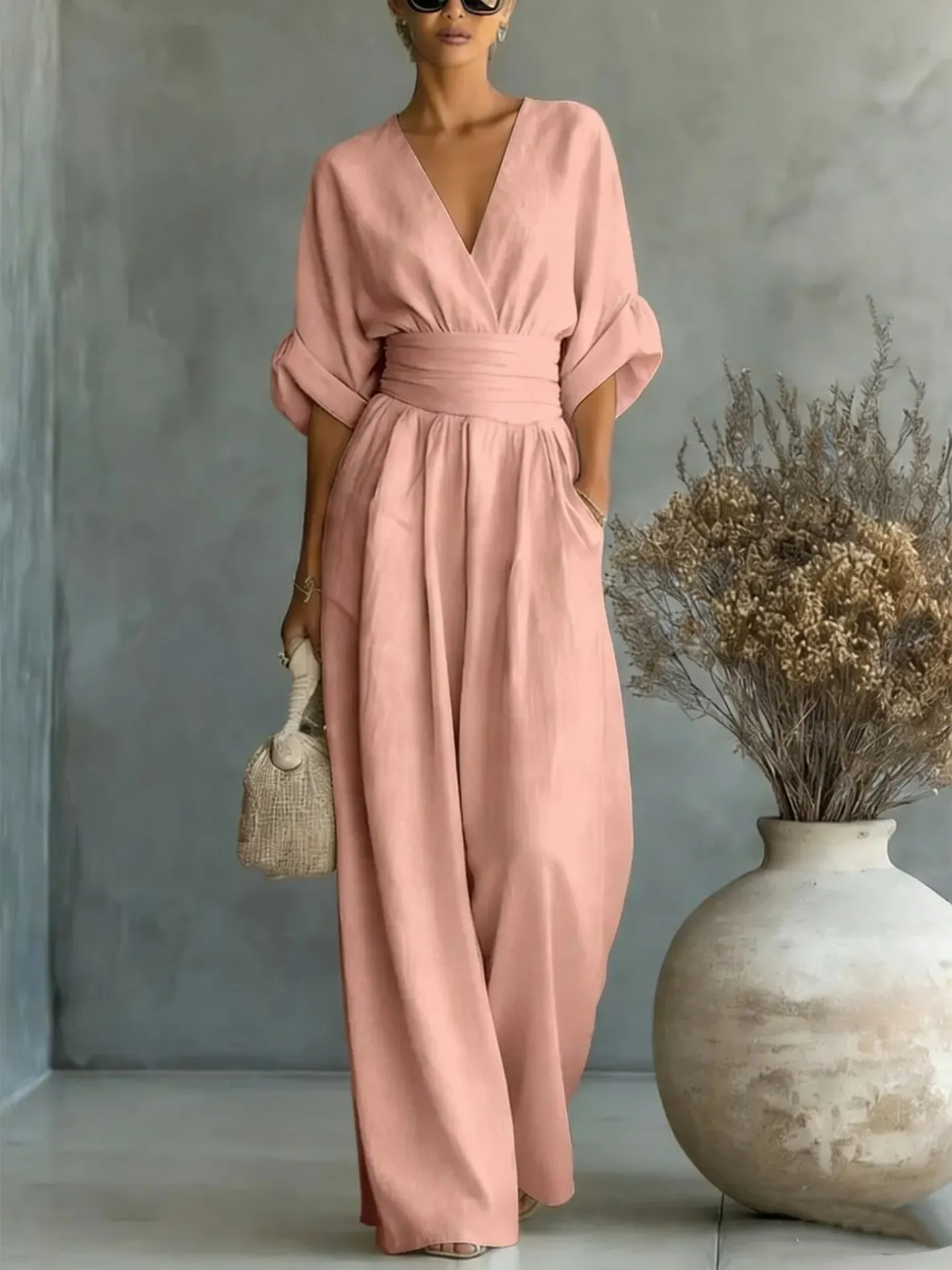 QUEENWAY | Women's Solid Color Elegant V-Neck Jumpsuit