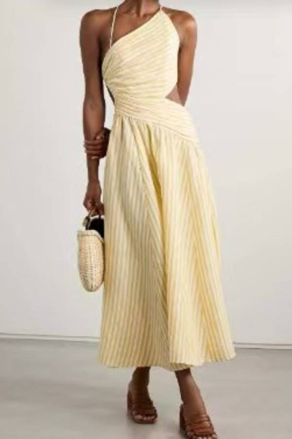 QUEENWAY | One-Shoulder Halter Stripe Cutout Flare Midi Dress