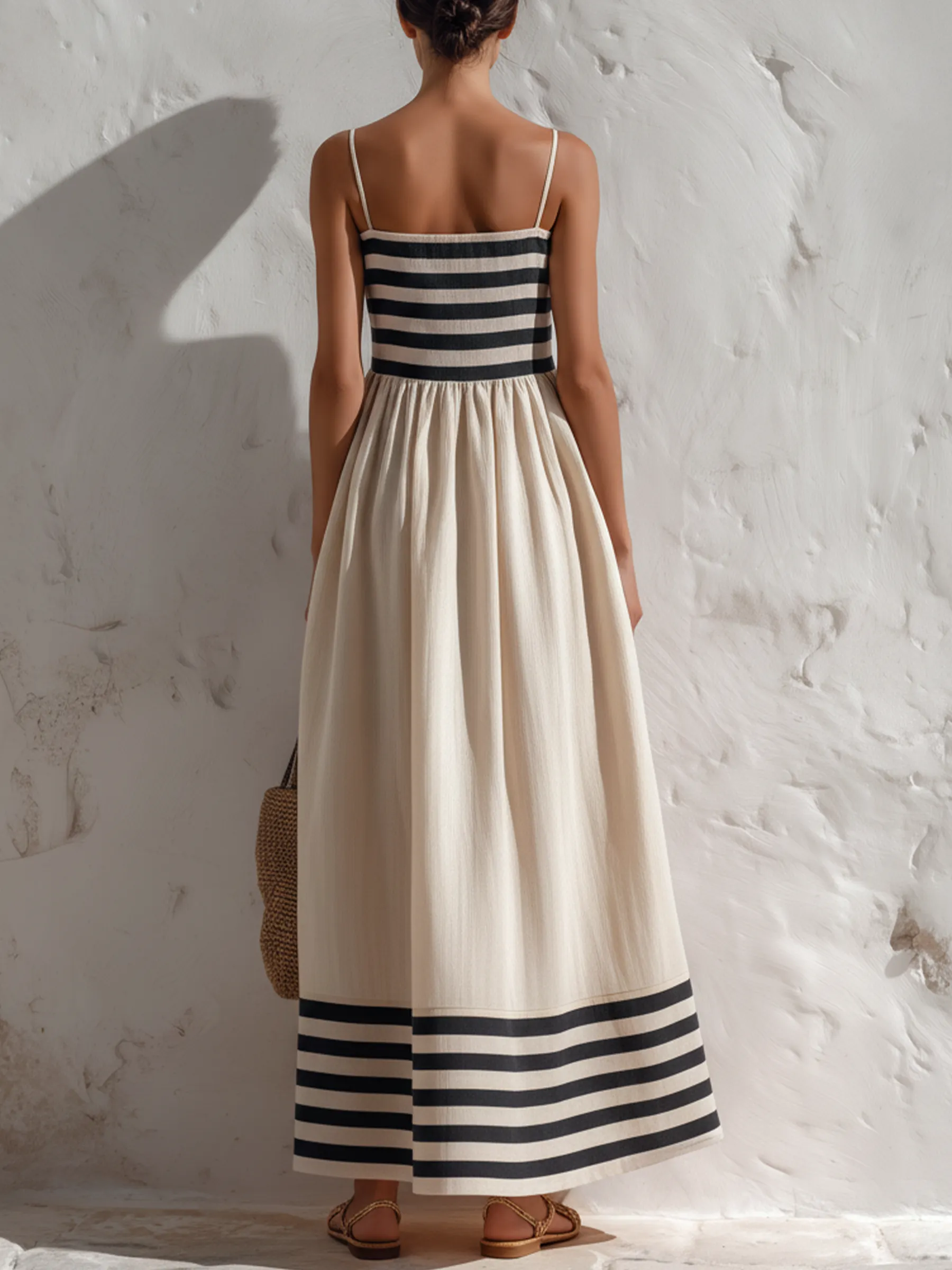 QUEENWAY | Black And Beige Stripe Spaghetti Strap Maxi Dress