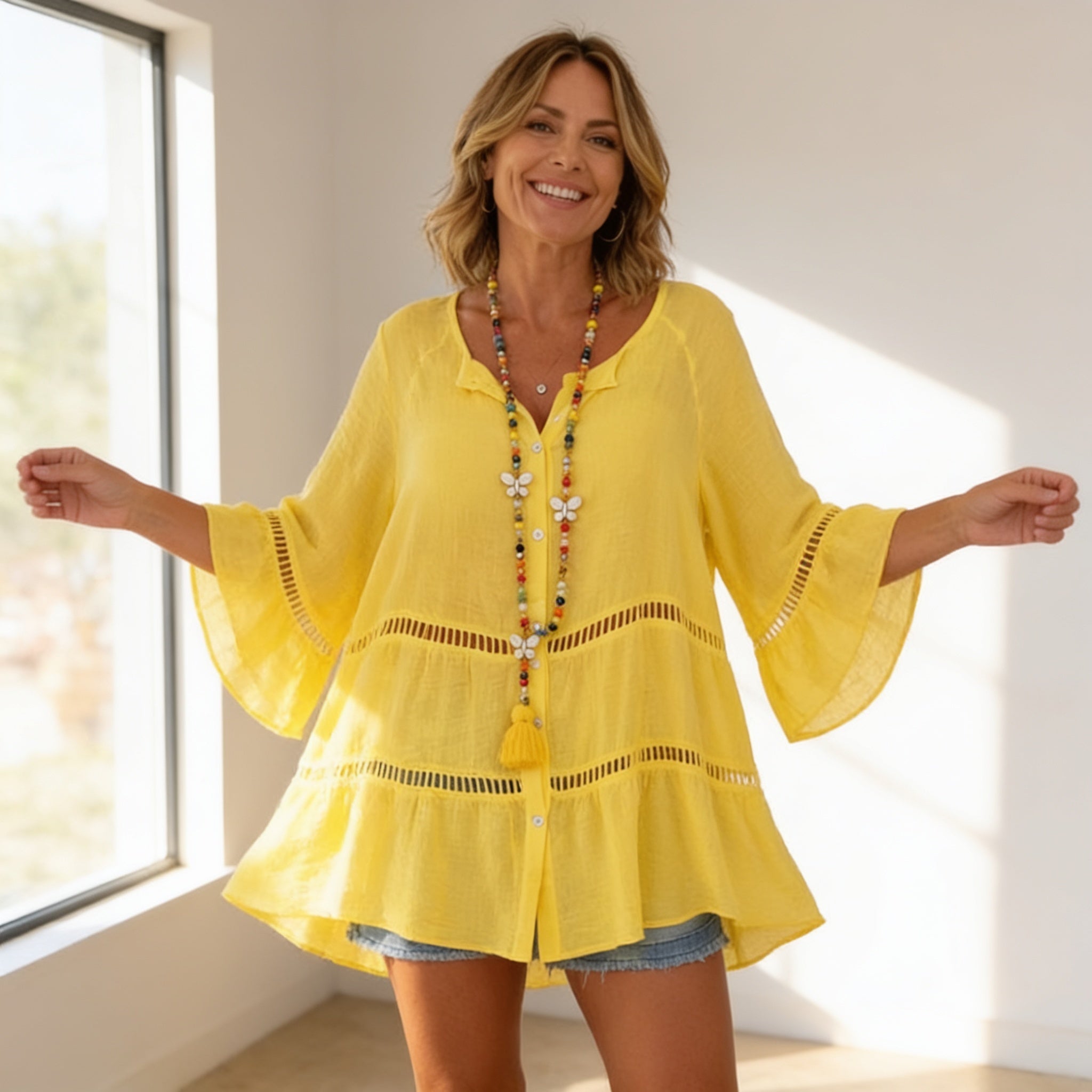 Crochet-Trim Button-Front Tunic Dress
