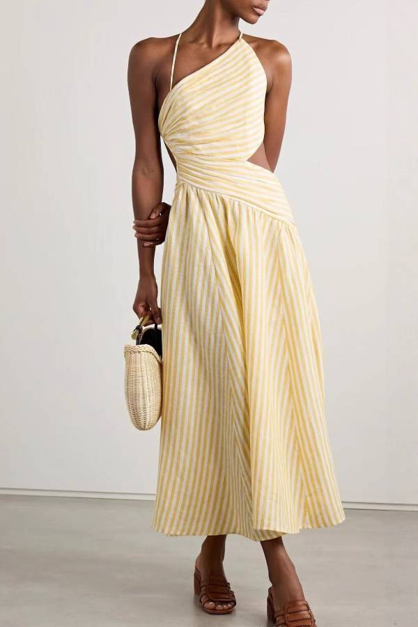 QUEENWAY | One-Shoulder Halter Stripe Cutout Flare Midi Dress