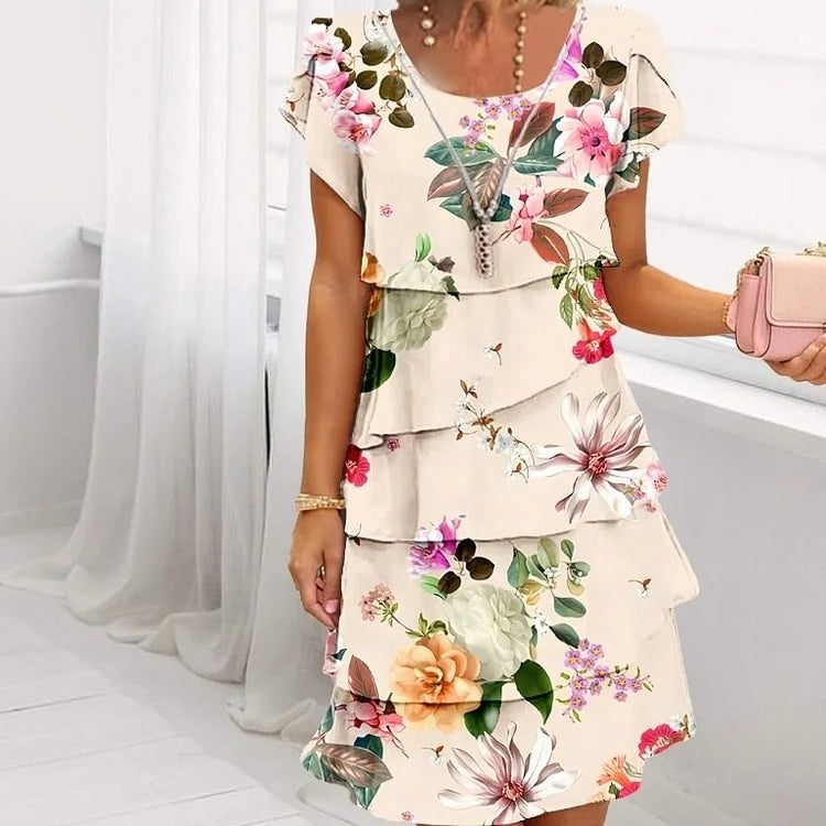 QUEENWAY | Multi-Plant Floral Print Cascade Dress