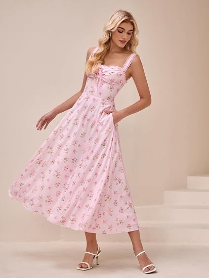 Women's Summer Floral Midi Dress with Cinched Waist