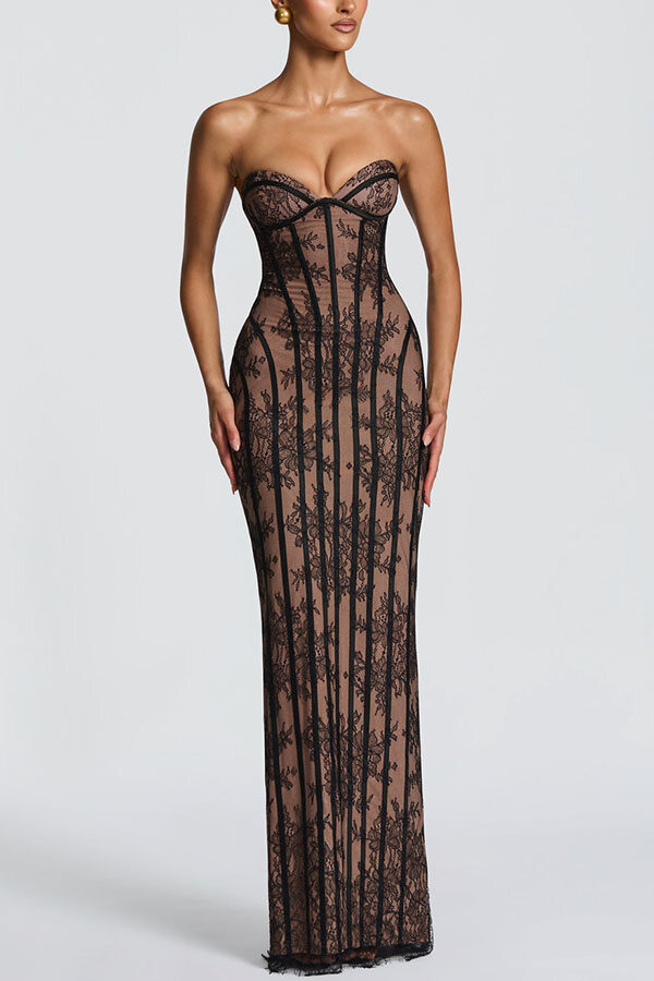 Floral Lace Contrast Structural Detail Back Lace-up Strapless Slit Maxi Dress
