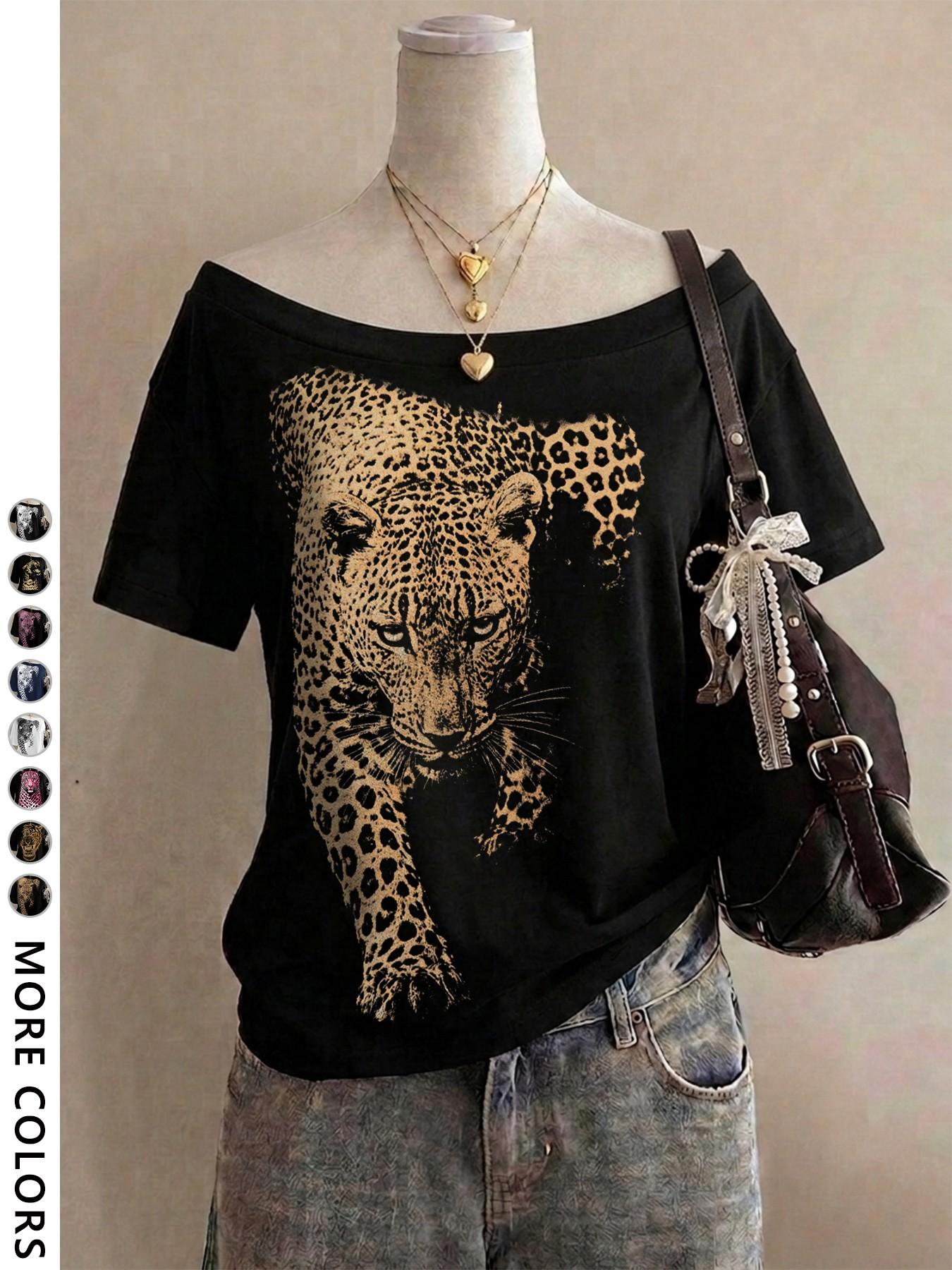 Women's Loose Fit Short Sleeve Off-Shoulder T-Shirt, Leopard Print Design, Casual Style, Perfect for Outing and Shopping, Y2K Fashion