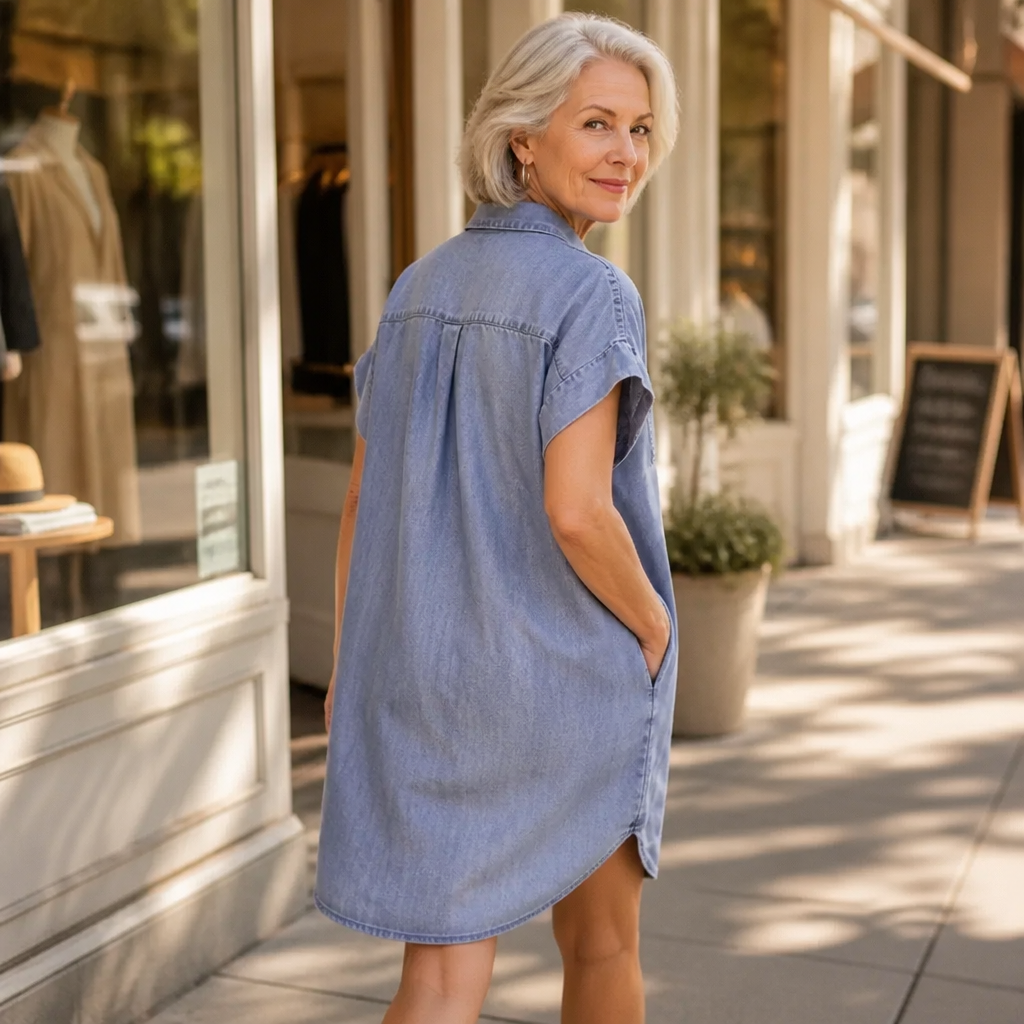 Adjustable Zip-Front Denim Shift Dress