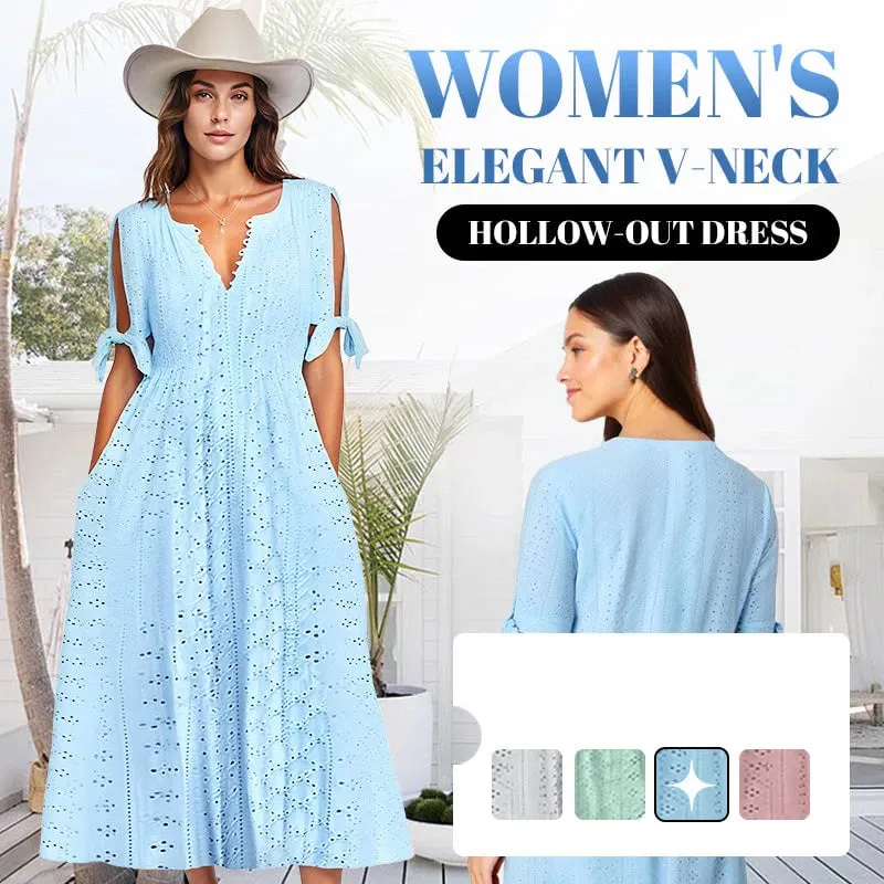 🔥 HOT SALE 49% Off 🔥 Women's Elegant V-Neck Hollow-Out Solid Dress