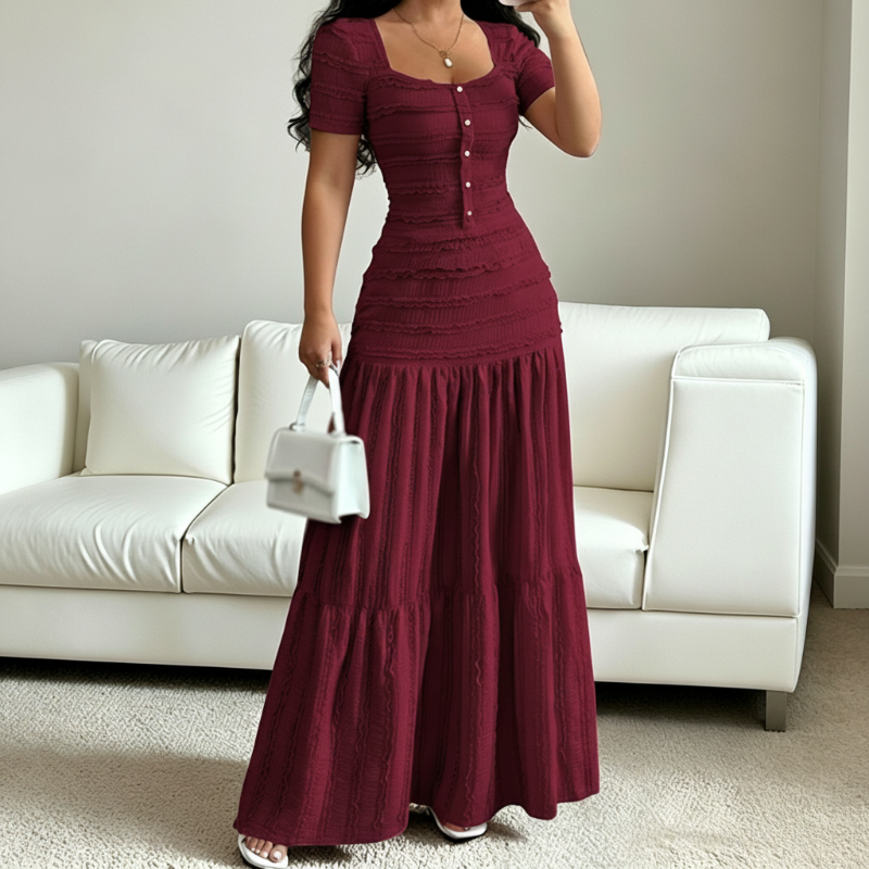 QUEENWAY | 👗 Women's Square Neck Dress Set – Crinkled Fabric, Tiered Skirt, Elegant 🍷