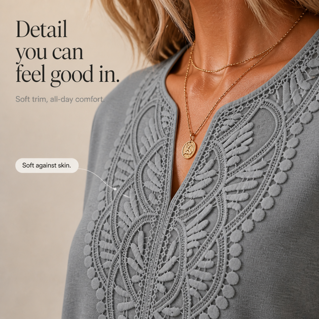 QUEENWAY | Lace Trim V-Neck Relaxed Tunic Top