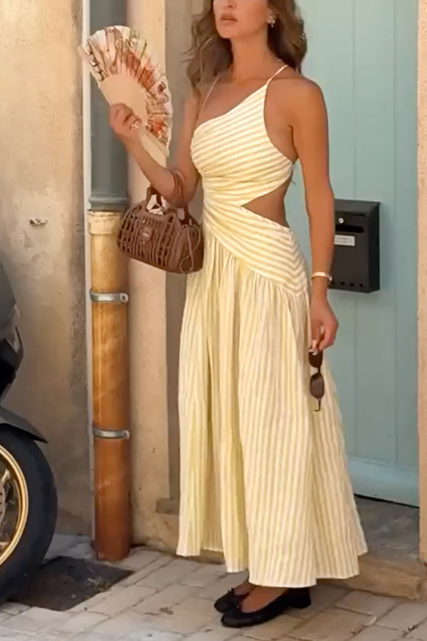 QUEENWAY | One-Shoulder Halter Stripe Cutout Flare Midi Dress