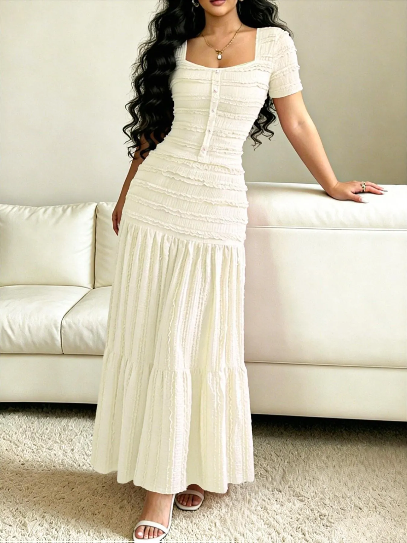 QUEENWAY | 👗 Women's Square Neck Dress Set – Crinkled Fabric, Tiered Skirt, Elegant 🍷