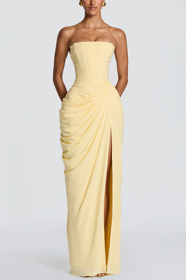 Chiffon Back Lace-up Asymmetrical Pleats Strapless Slit Maxi Dress