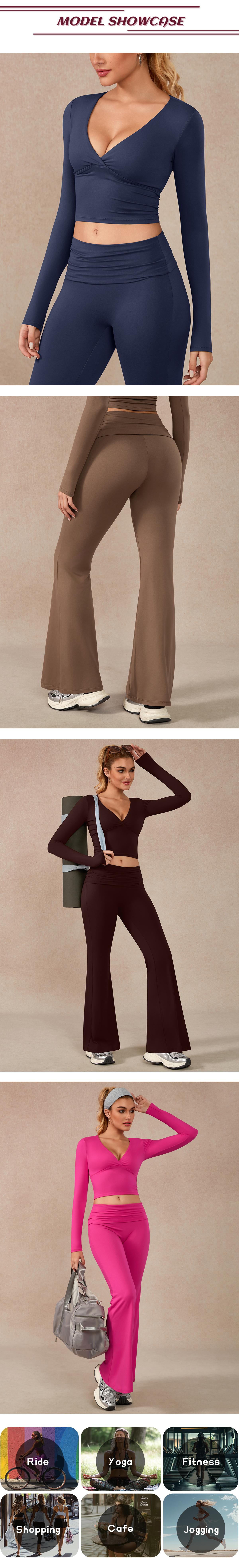 TIMEOFF Women's 2-Piece High Stretch Sporty Activewear Set - Long Sleeve Plunging V-Neck Top, Flipped Waist High-Waist Flared Leggings - Gymswear, Fitness Sport Outfits, Athleisure Wear Set for Yoga, Running, 2 Piece Sets, Workout Sets For Women