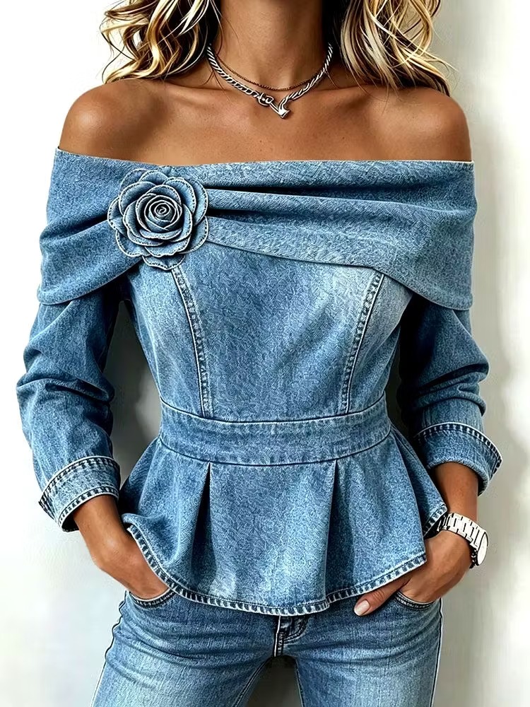 QUEENWAY | Chic Off-shoulder Denim Peplum Top