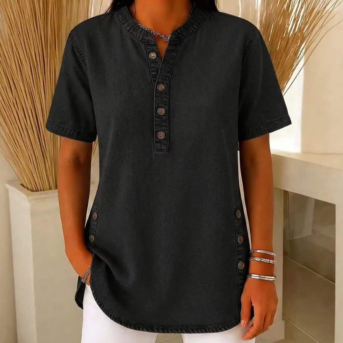 Women's Long Denim Shirt – V-Neck Short-Sleeve Pullover (2026)