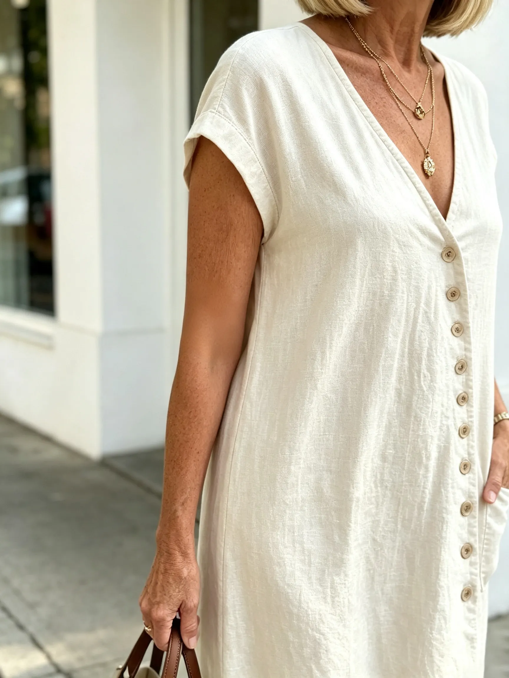 QUEENWAY | Women's V-Neck Diagonal Button Casual Resort Style Dress