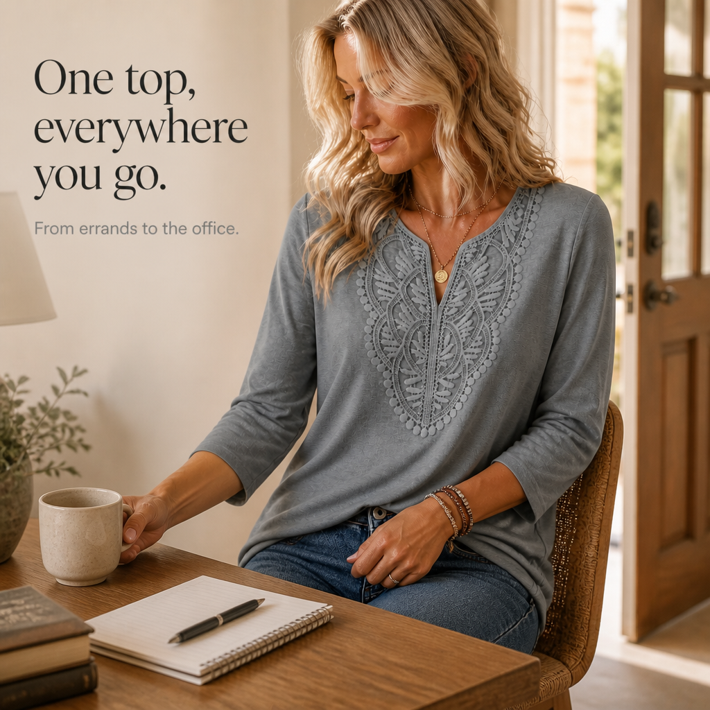 QUEENWAY | Lace Trim V-Neck Relaxed Tunic Top