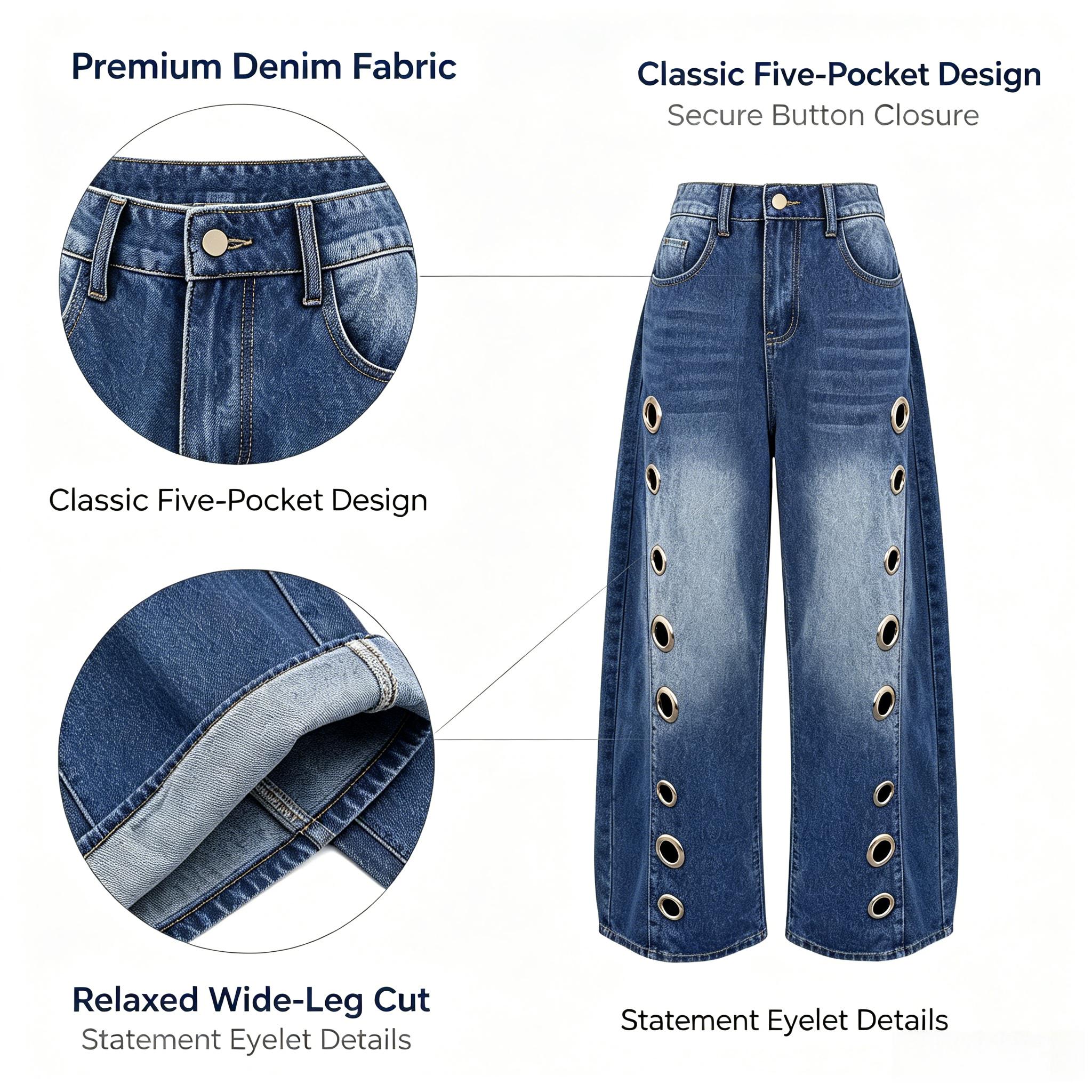 UOOZEE Women's 2026 New High-Waist Buttoned Geometric Hollow Pocket Loose Cotton Denim Trousers - Spring-Summer Casual Wear Everyday Bottoms with Eyelet Cutouts- Pair with Top, Tank Top,back to school shopping