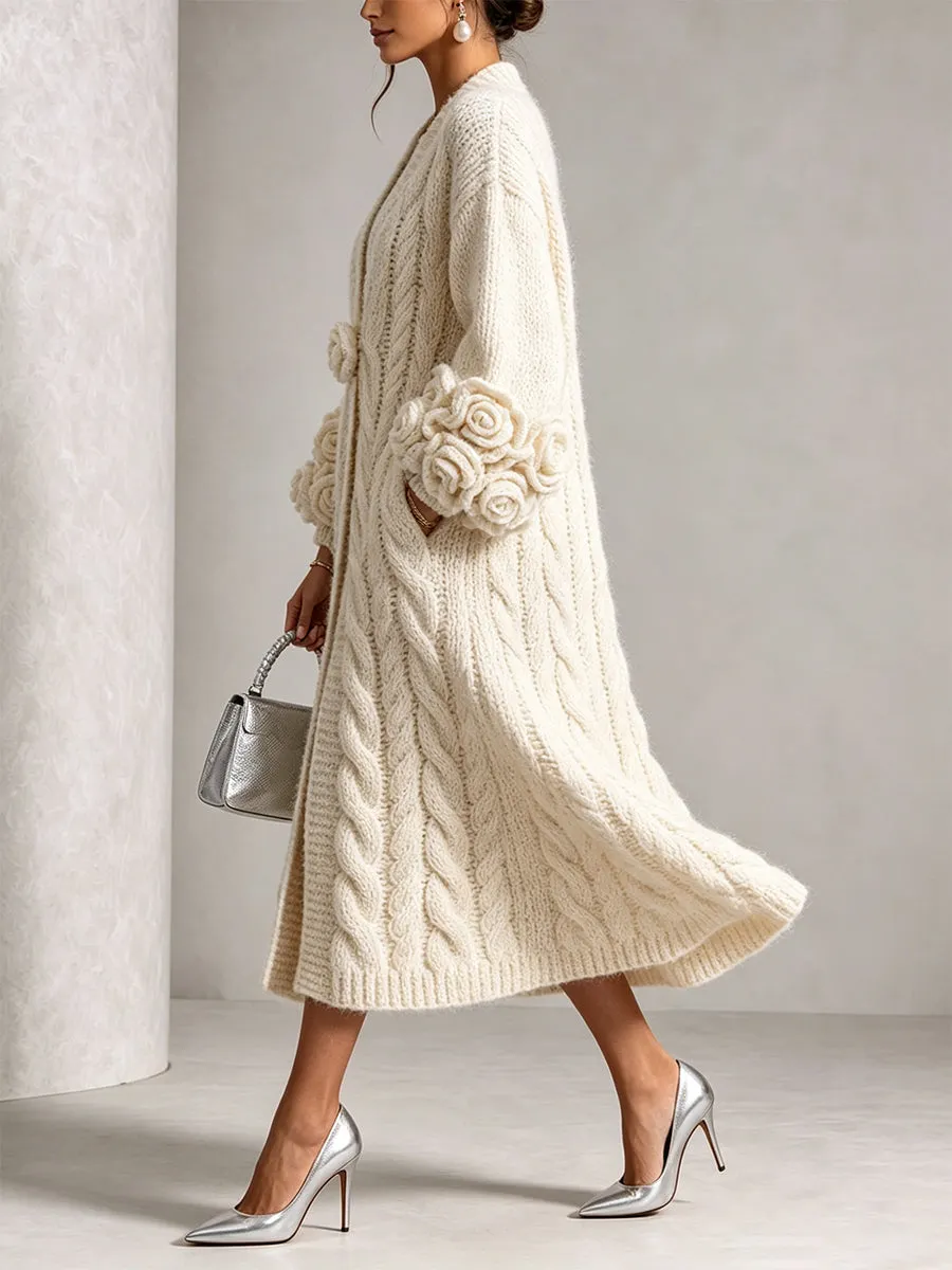 QUEENWAY | Chic Cream Floral Accented Cable-Knit Cardigan