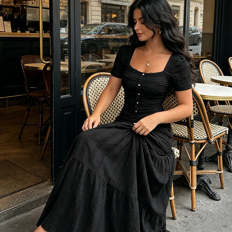 QUEENWAY | 👗 Women's Square Neck Dress Set – Crinkled Fabric, Tiered Skirt, Elegant 🍷