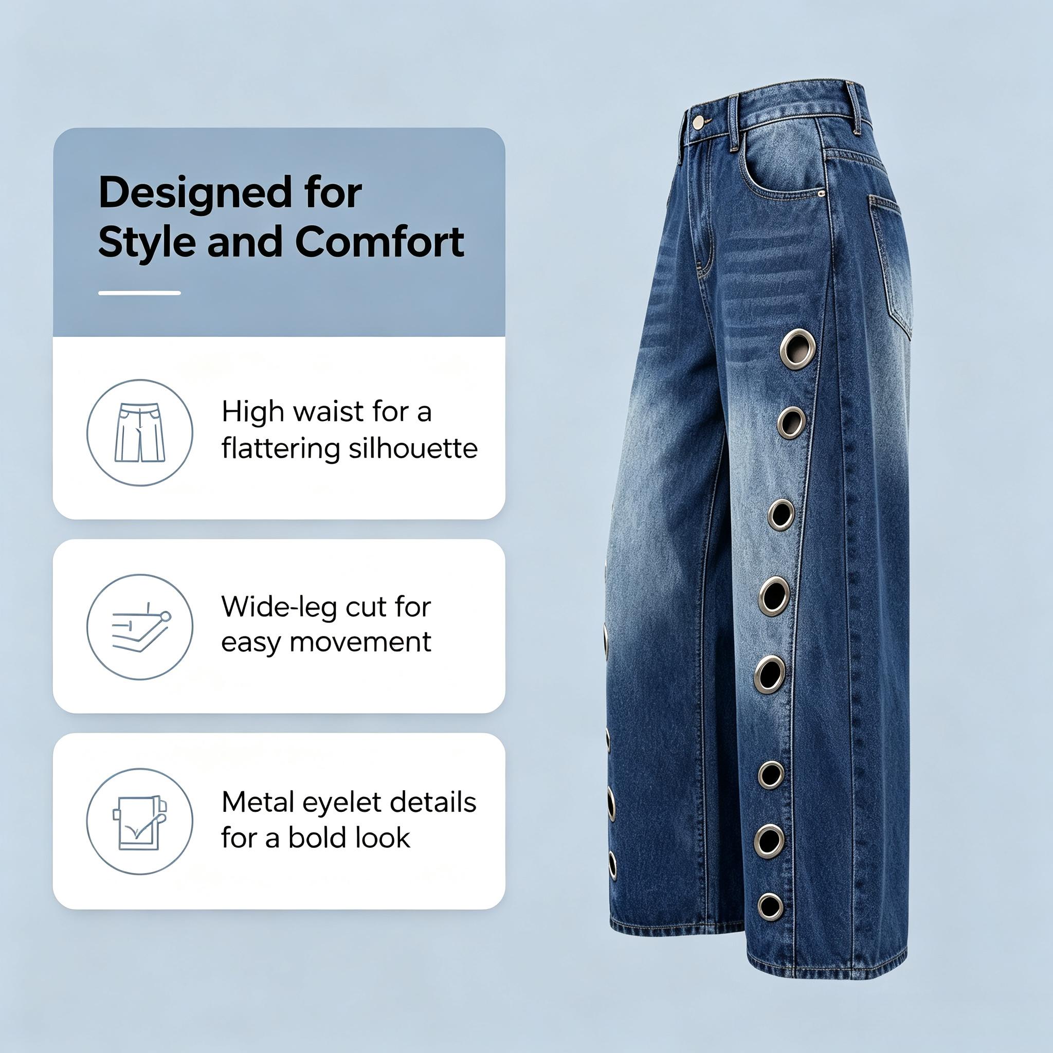 UOOZEE Women's 2026 New High-Waist Buttoned Geometric Hollow Pocket Loose Cotton Denim Trousers - Spring-Summer Casual Wear Everyday Bottoms with Eyelet Cutouts- Pair with Top, Tank Top,back to school shopping