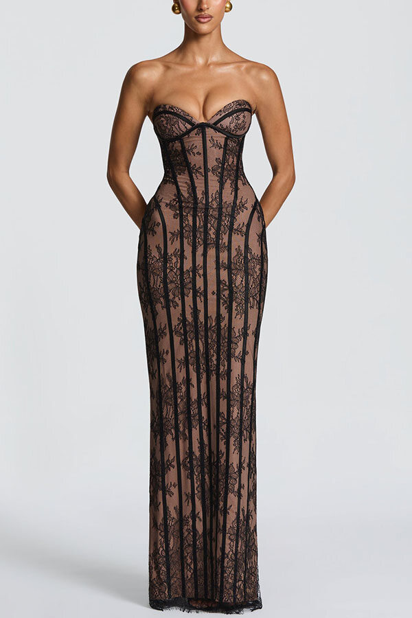 Floral Lace Contrast Structural Detail Back Lace-up Strapless Slit Maxi Dress