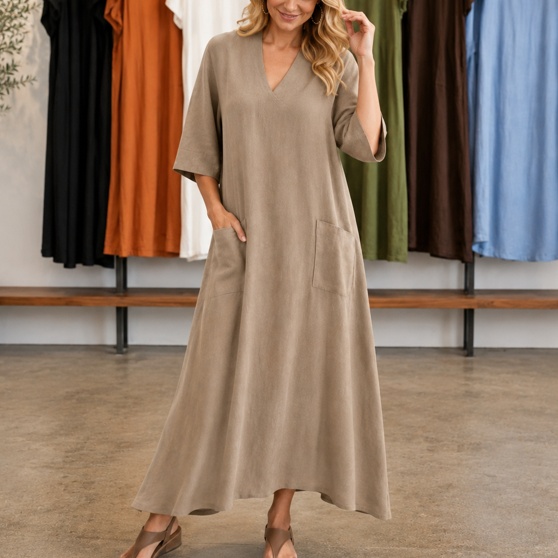 Pocketed Loose-Fit V-Neck Maxi Dress
