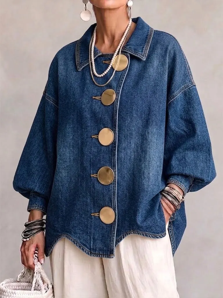 QUEENWAY | Collared Oversized Denim Jacket With Large Metal Buttons