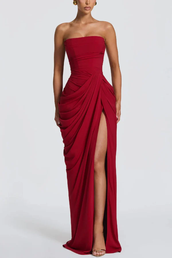 Chiffon Back Lace-up Asymmetrical Pleats Strapless Slit Maxi Dress