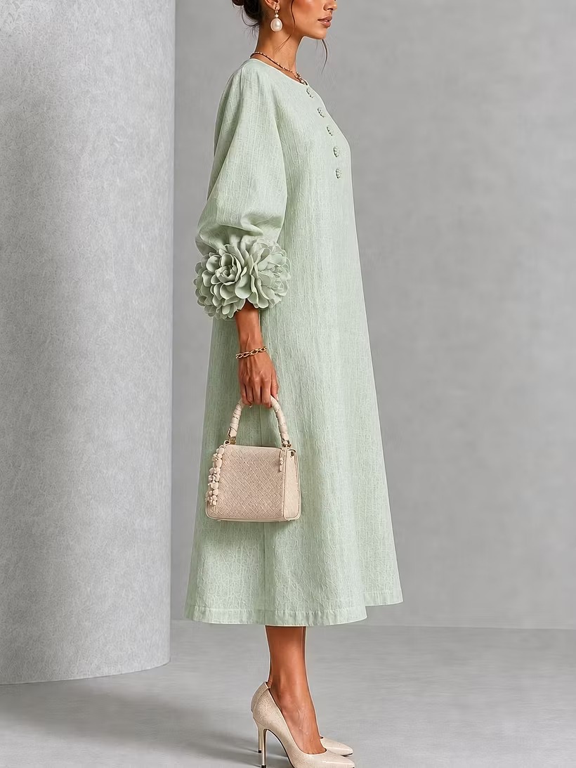 QUEENWAY | Sage Mist Floral Button-down Midi Dress With Striking Floral Cuffs