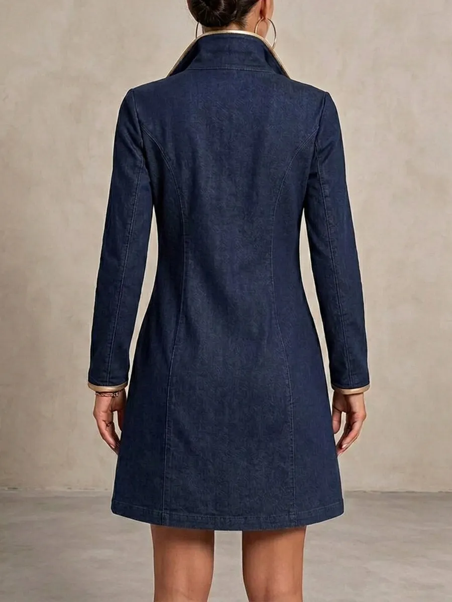 QUEENWAY | Women's Long-sleeved Casual Loose Denim Dress With Gold Trim And Metallic Eyelets