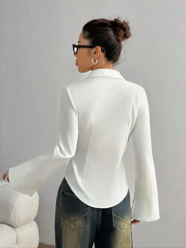 QUEENWAY | Women's Slim-Fit Button-Down Long-Sleeved Casual Shirt, Suitable for Daily Commuting