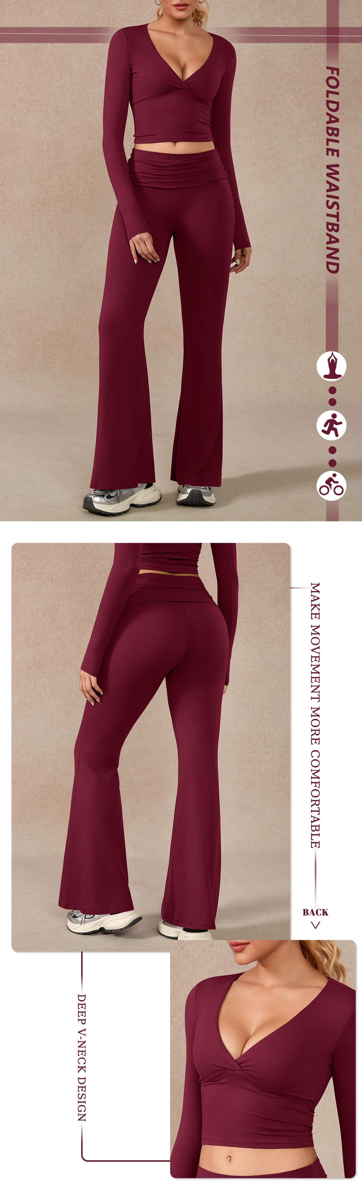 TIMEOFF Women's 2-Piece High Stretch Sporty Activewear Set - Long Sleeve Plunging V-Neck Top, Flipped Waist High-Waist Flared Leggings - Gymswear, Fitness Sport Outfits, Athleisure Wear Set for Yoga, Running, 2 Piece Sets, Workout Sets For Women